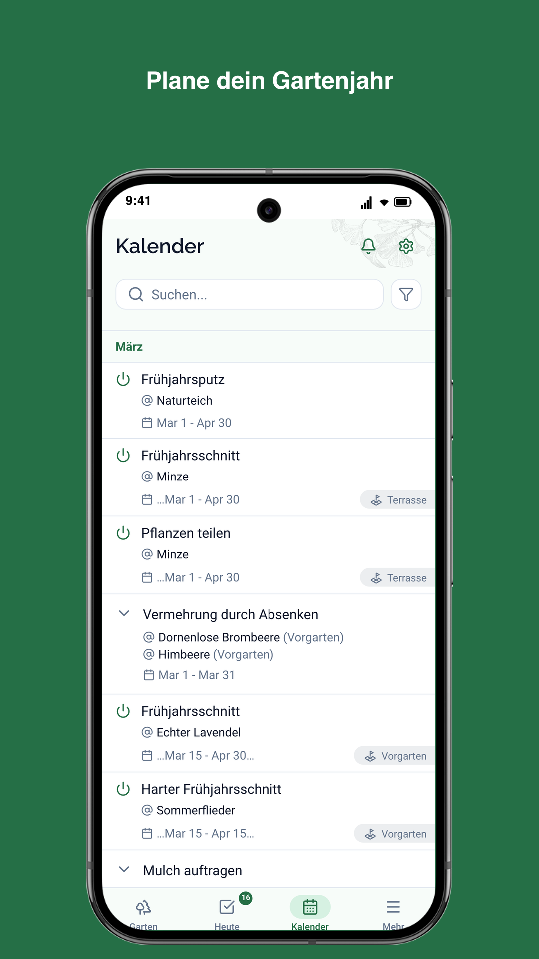 Gardiflora-App zeigt Kalenderansicht mit Gartenaufgaben