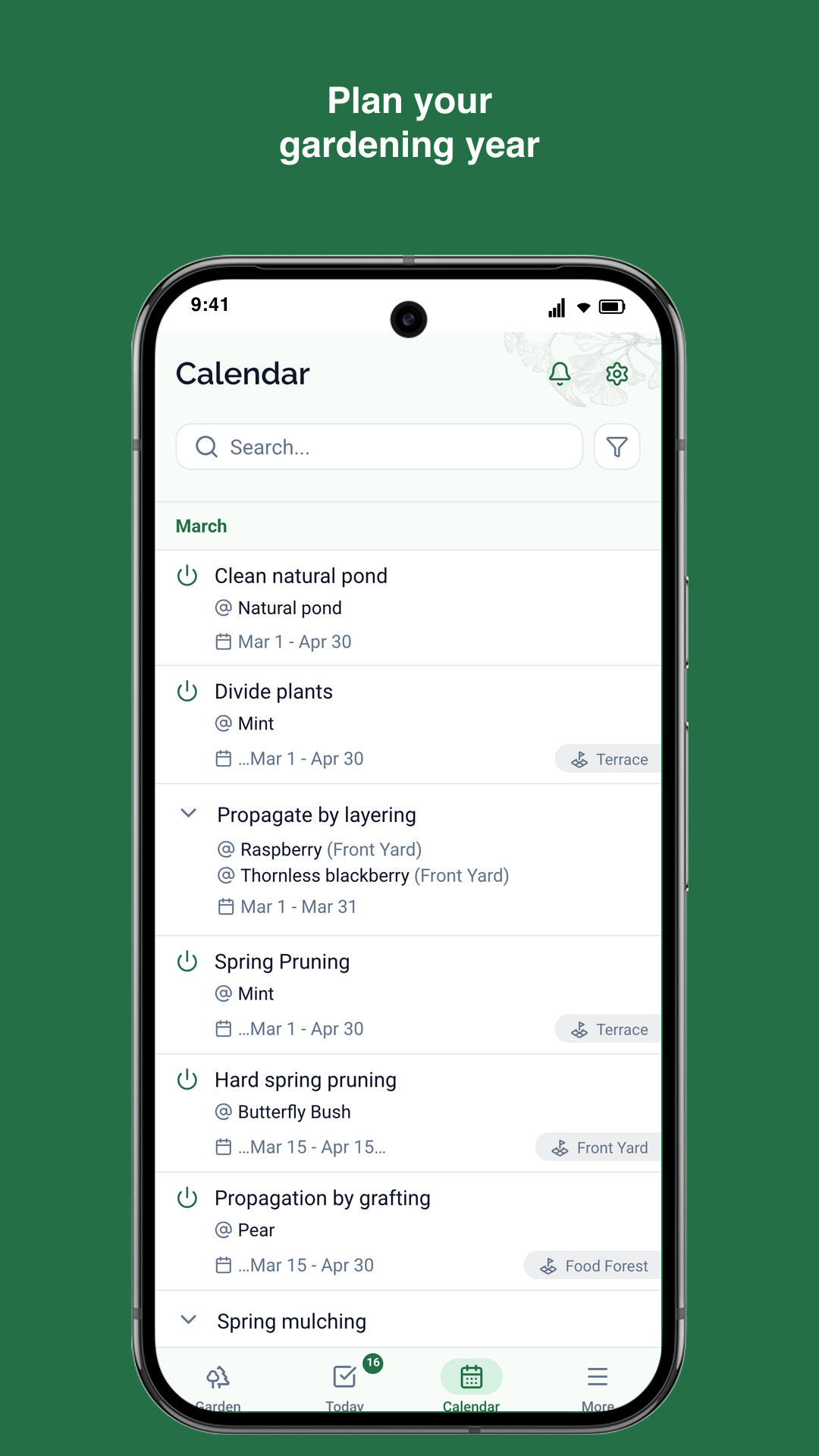 Gardiflora app showing calendar view with gardening tasks