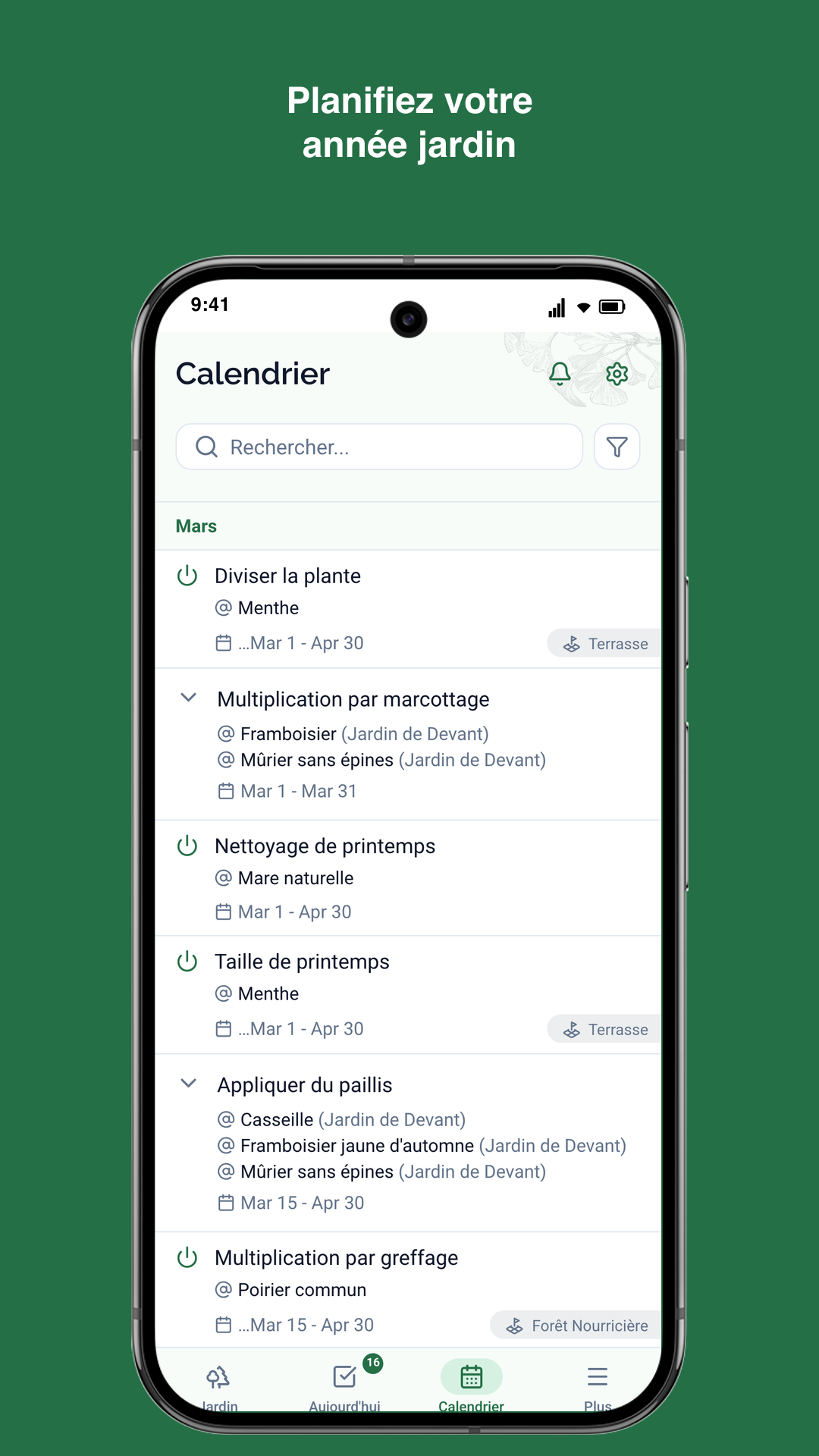 Application Gardiflora montrant la vue calendrier des tâches de jardinage