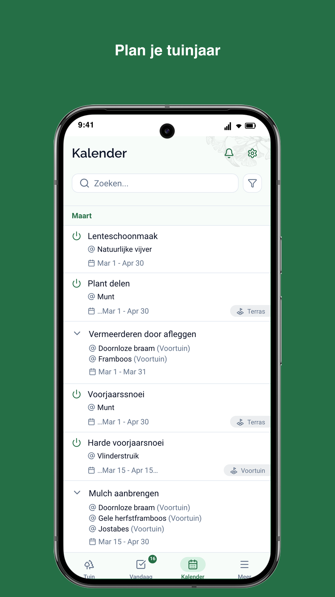 Gardiflora-app met kalenderweergave van tuintaken