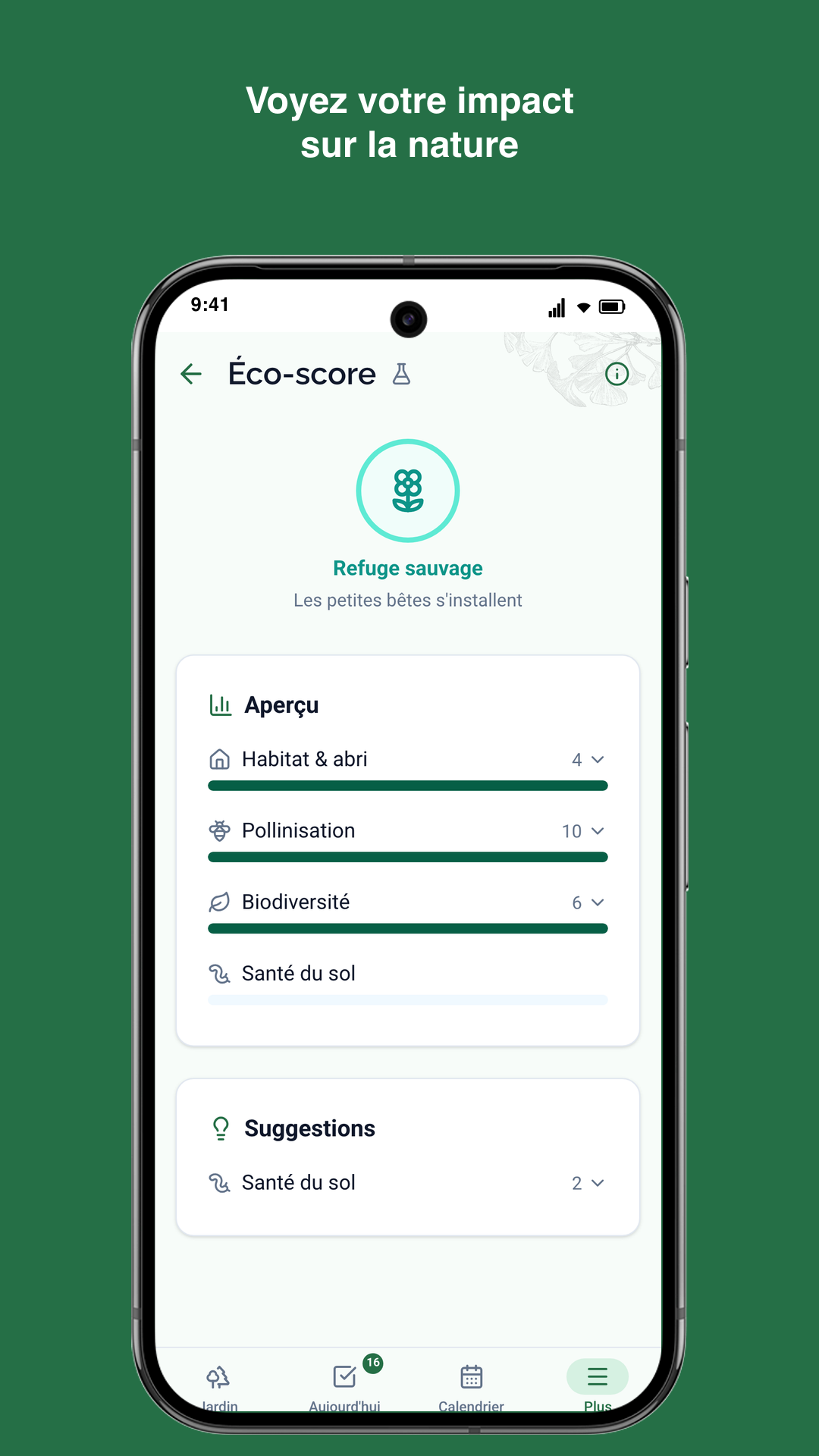 Application Gardiflora montrant l'éco-score d'une plante avec l'impact sur la biodiversité