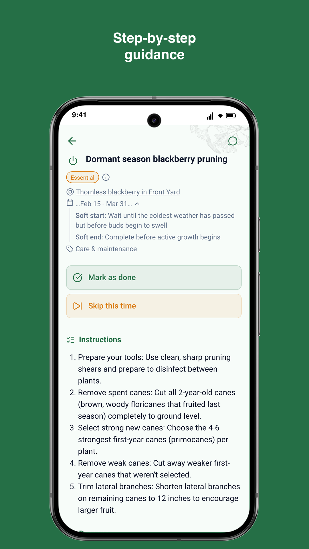 Gardiflora app showing detailed task information with timing and context