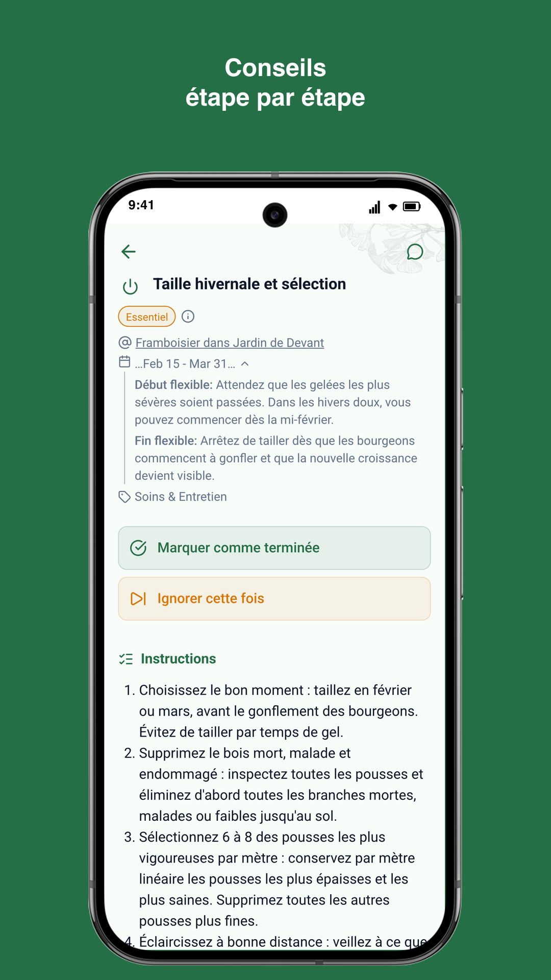 Application Gardiflora montrant les détails d'une tâche avec le calendrier et le contexte