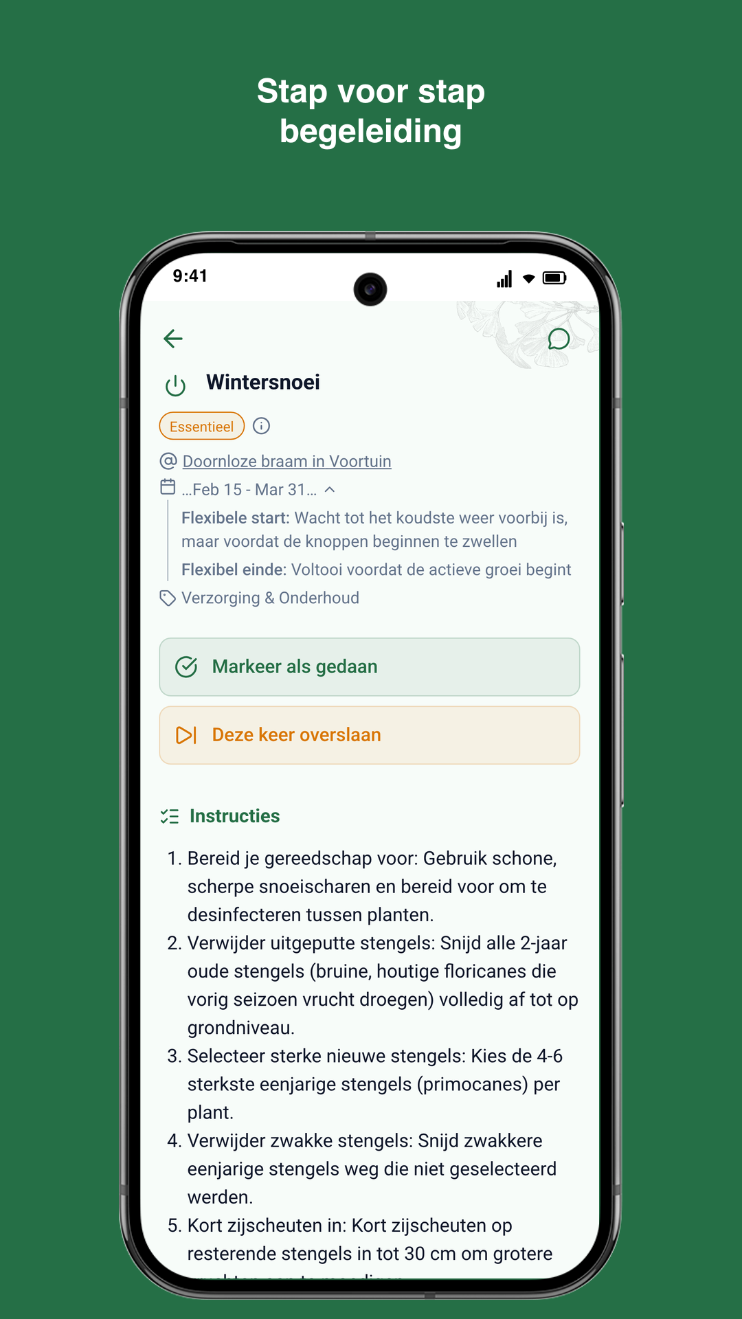 Gardiflora-app met gedetailleerde taakinformatie, timing en context