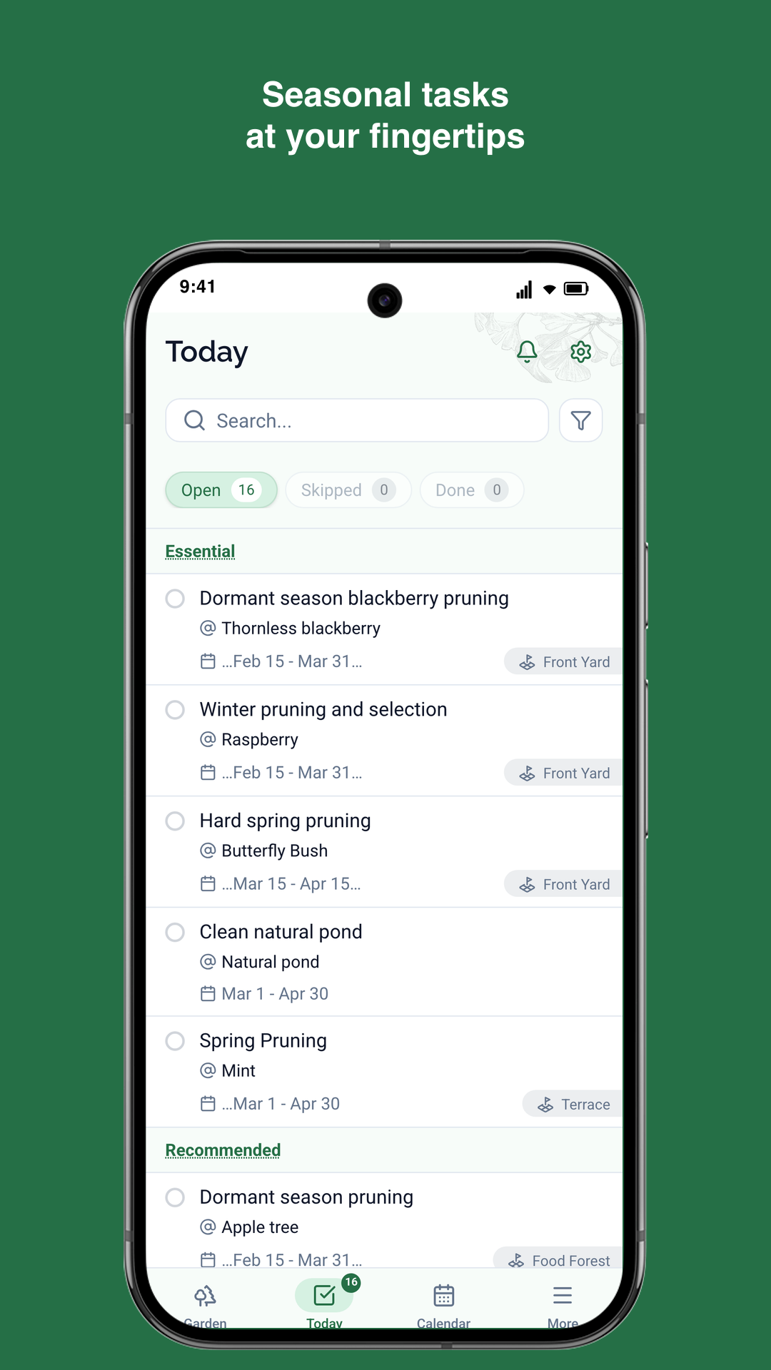 Gardiflora app showing seasonal gardening tasks