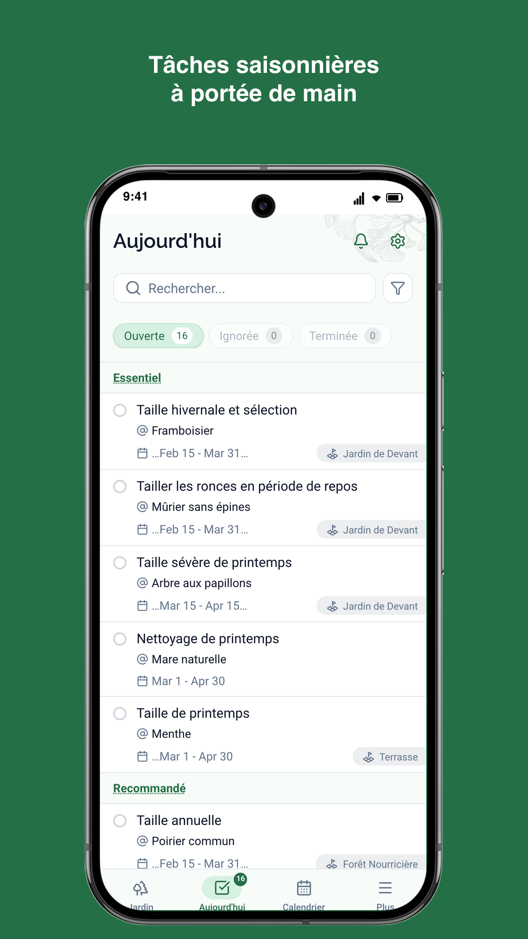 Application Gardiflora montrant les tâches de jardinage saisonnières